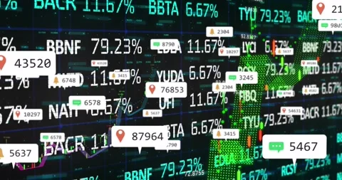 Animation of financial data processing, social media icons and statistics on Stock Footage 329166528