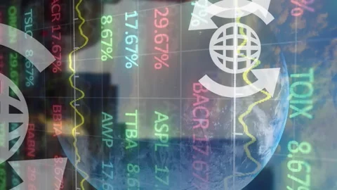 Animation of financial data processing, statistics and globe icons over Stock Footage 312570071