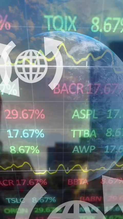 Animation of financial data processing, statistics and globe icons over Stock Footage 321990857