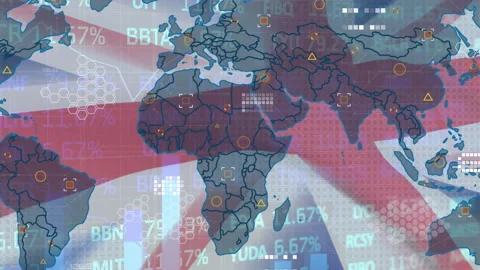 Animation of financial data processing with world map over flag of uk Stock Footage 260894373