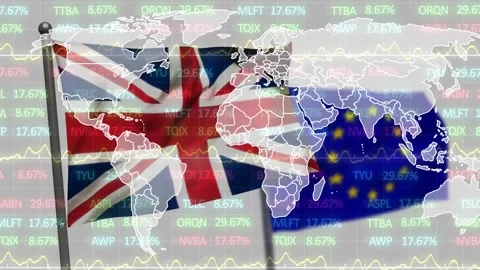 Animation of financial data processing with world map over flag of eu and uk on Stock Footage 327196331