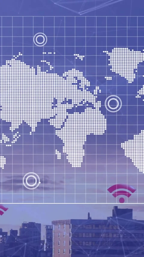 Animation of financial data processing with world map over cityscape Stock Footage 341659857