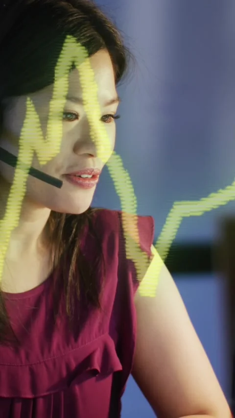 Animation of financial data processing with yellow line over asian businesswoman Stock Footage 343608462