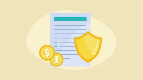 Animation of financial document with gold coins and protective shield icon .. Stockbeeldmateriaal 338424774
