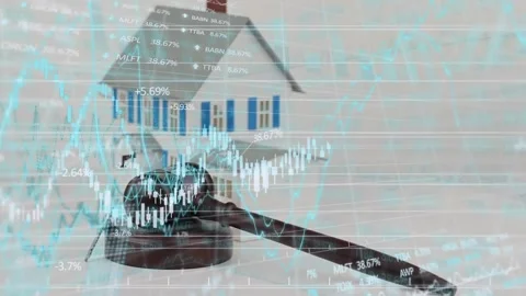 Animation of financial graph and data over house project Stock Footage 330590539