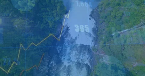 Animation of financial graph and numbers overlay on waterfall with lush greenery Stock Footage 306191557