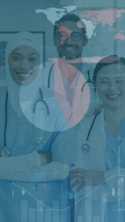 Animation of financial graphs and data over happy diverse medics posing at Stock Footage 323340372