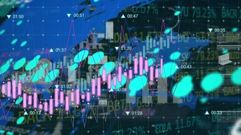 Animation of financial graphs and data over world map and digital screen Video stock 325961522