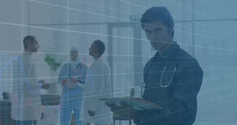 Animation of financial graphs and data over happy caucasian medic with notes Stock Footage 330402222