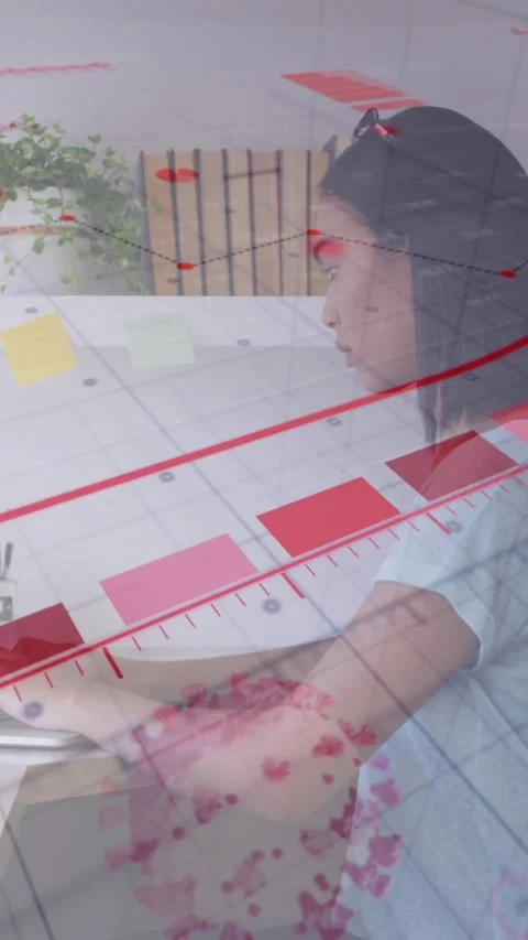Animation of financial graphs and virus cells over woman using computer with Stock Footage 342009465