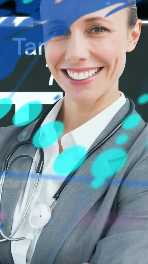 Animation of financial graphs and world map over happy caucasian businesswoman Stock Footage 322721464