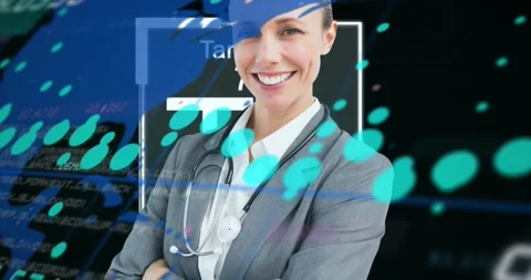 Animation of financial graphs and world map over happy caucasian businesswoman Stock Footage 328645421