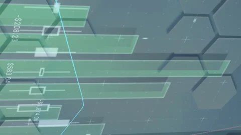 Animation of financial graphs moving over grey background with hexagons 動画素材 312905750