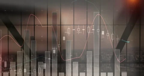 Animation of financial graphs moving over cityscape Stockbeeldmateriaal 330251093