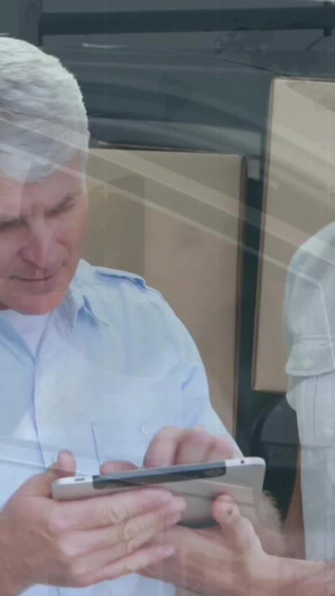Animation of financial graphs over happy caucasian male courier delivering Video stock 323248592