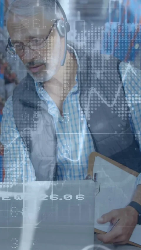 Animation of financial graphs over happy diverse male and female warehouse Stock Footage 343778726