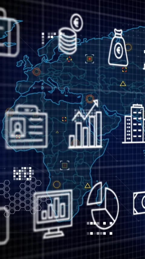 Animation of financial icons and data processing over world map Stock Footage 344525473