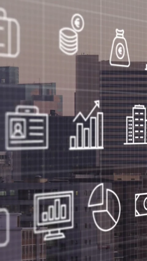 Animation of financial icons and data processing over cityscape Stock Footage 344803137