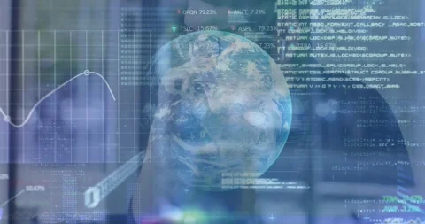 Animation of financial statistics over globe with binary coding and businessman Stock Footage 328289553