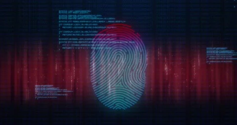 Animation of fingerprint and computer language over abstract pattern against Stock Footage 247123903