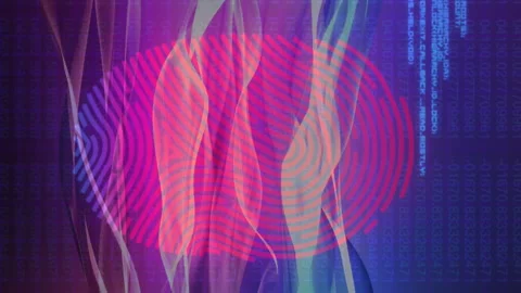 Animation of fingerprint and computer language over dynamic waves against Stock Footage 313355667