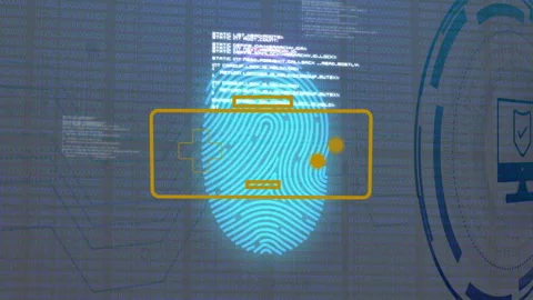 Animation of fingerprint and digital security symbols over binary code 库存影片 304839497