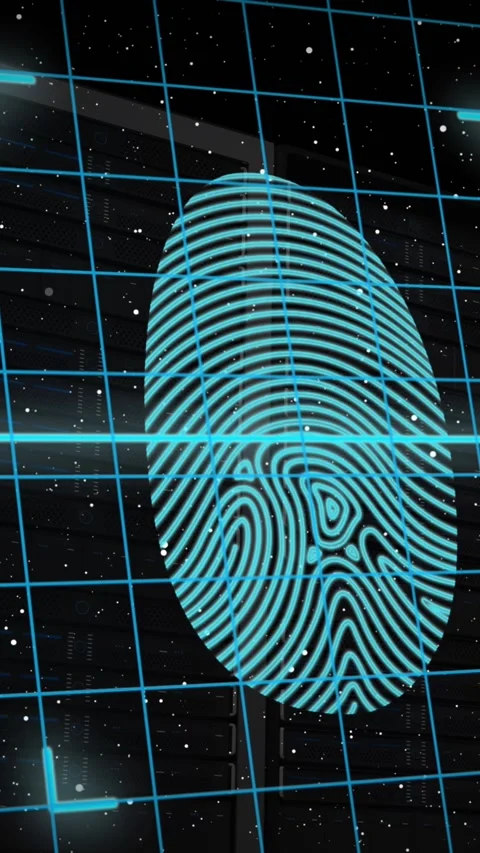 Animation of fingerprint and padlock in shield with server racks over space in Stock Footage 321039249