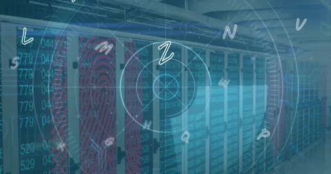 Animation of fingerprint and scanner data processing over computer server room Stock Footage 330247961
