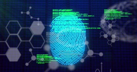 Animation of fingerprint, computer language, molecule structure, human brains on Stock Footage 328594664