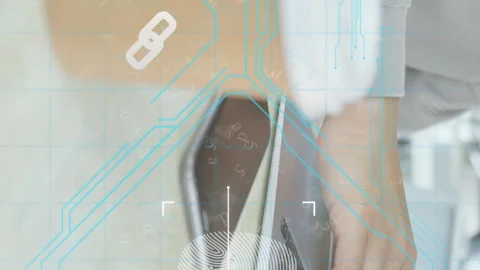 Animation of fingerprint, padlock in abstract pattern over midsection of Stock Footage 312583110