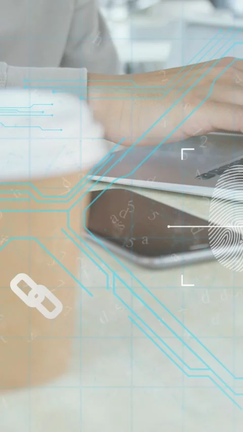 Animation of fingerprint, padlock in abstract pattern over midsection of Stock Footage 321719881