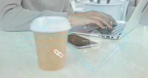 Animation of fingerprint, padlock in abstract pattern over midsection of Stock Footage 329427782