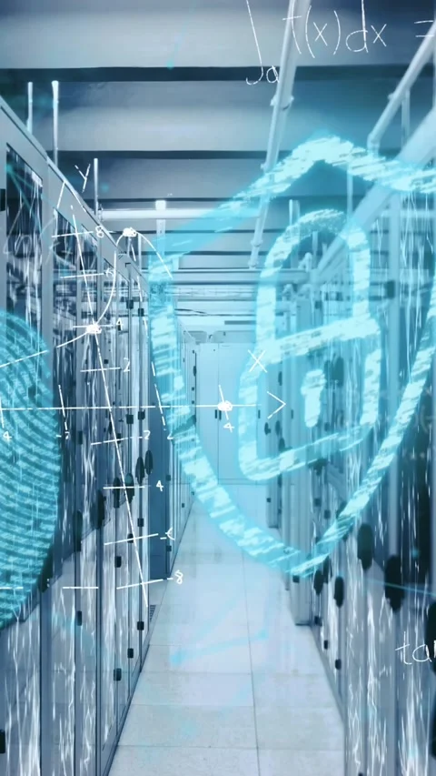 Animation of fingerprint, padlock, mathematical equations, connected dots over Видео 344745994