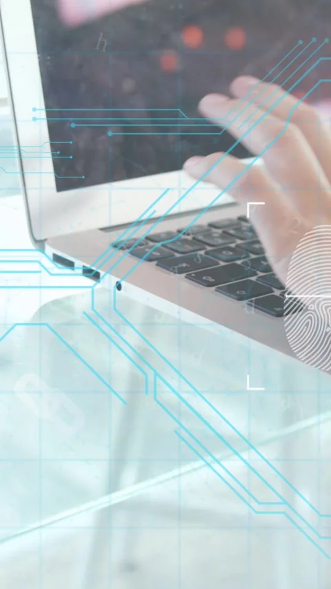 Animation of fingerprint, padlock in shield in abstract pattern on cropped hands Stock Footage 321719873