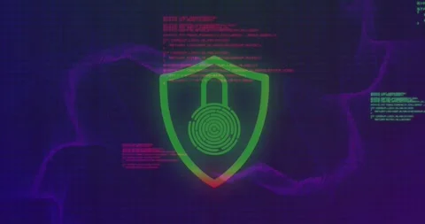 Animation of fingerprint padlock in shield over computer language against Stock Footage 328244016