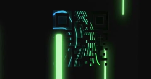 Animation of fingerprint pattern in qr code with glowing bars against black Stock Footage 221007776