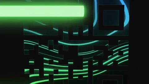 Animation of fingerprint pattern in qr code with glowing bars against black Stock Footage 313424559