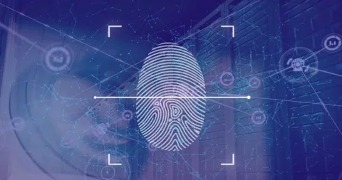 Animation of fingerprint scanner and network of connections against computer Stock Footage 330341828