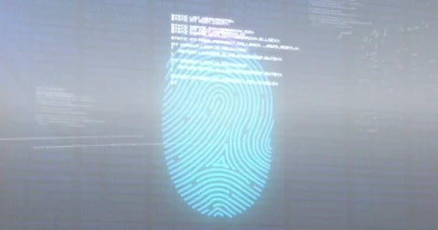 Animation of fingerprint scanning and programming language moving over blurred Stock Footage 330469489