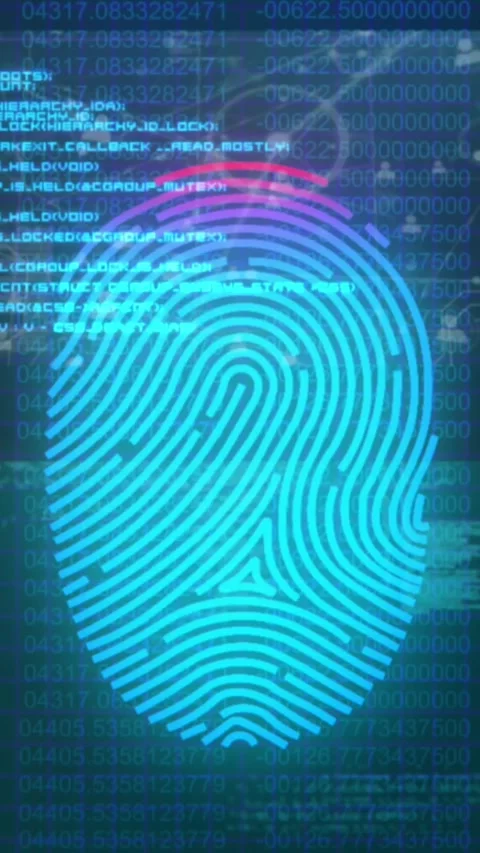 Animation of fingerprint scanning with multiple hud screens, computer language Stock Footage 343504218
