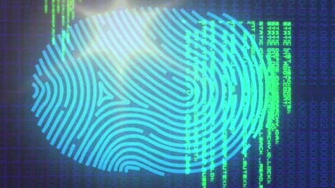 Animation of fingerprint scanning with programming language and lens flare over Stock Footage 312411523