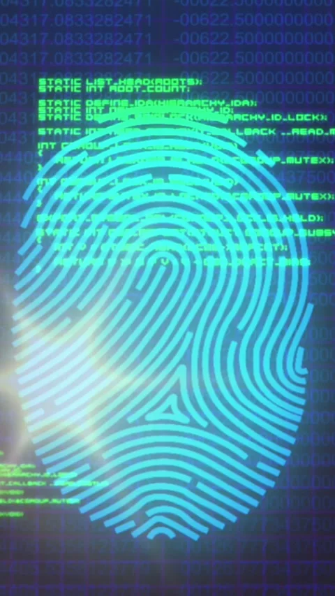 Animation of fingerprint scanning with programming language and lens flare over 動画素材 321625357