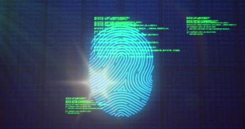 Animation of fingerprint scanning with programming language and lens flare over 動画素材 330114276