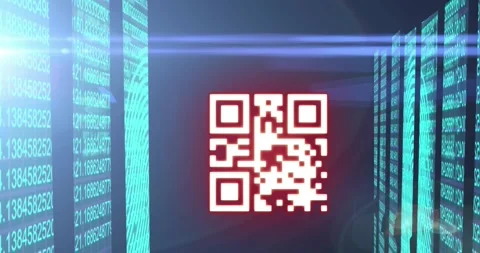 Animation of fingerprints and multiple numbers, lens flare and qr code against Stock Footage 327781830