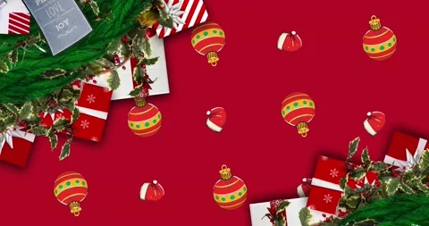 Animation of fir tree branches and gifts over christmas pattern Stock Footage 161459227
