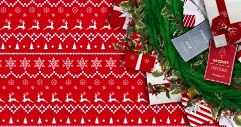 Animation of fir tree branches and gifts over christmas pattern Stock Footage 161459365