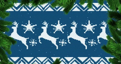 Animation of fir tree branches frame with christmas reindeer pattern on blue Stock Footage 142852799