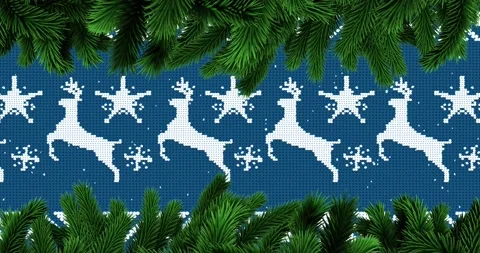 Animation of fir tree branches over christmas reindeer pattern Stock Footage 161459218