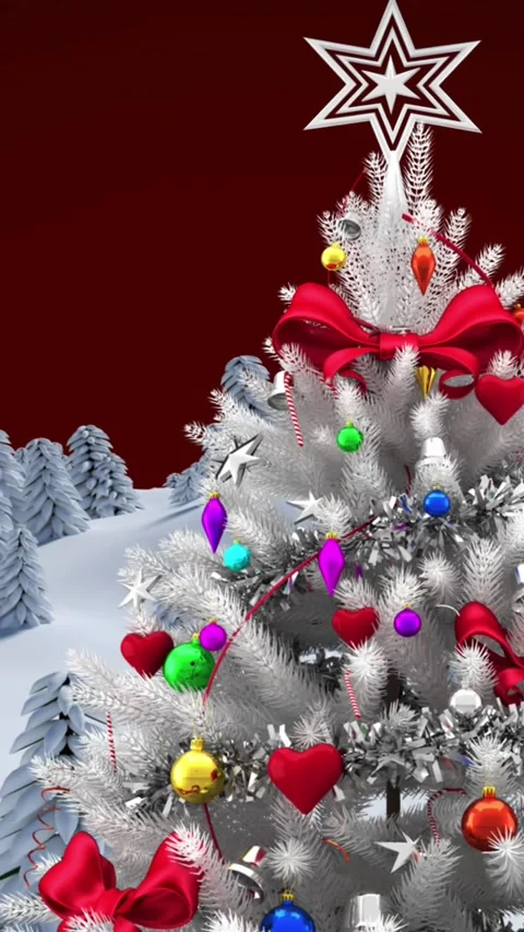 Animation of fir tree with decoration in winter landscape on red background Stock Footage 344774630