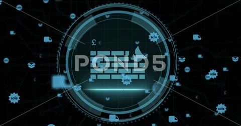 Animation of fire wall icon and network of connections with icons over ...